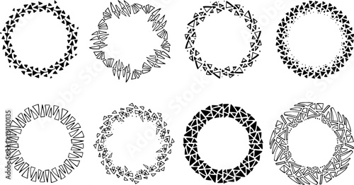 Set of different vector pattern wreaths circles handmade using ink pens. Geometric triangular art of simple forms. Frames for greeting card with place for text. Materials for various types of design. 