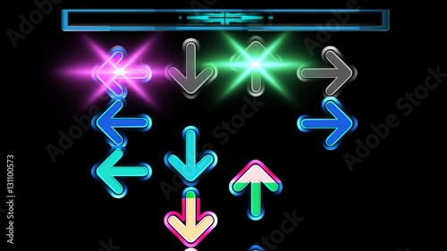Alpha seamless animation arrows moving up the screen and disappear on the top. Colorful arrows in dancing game concept with moving pattern and transparent alpha background in 4k. 