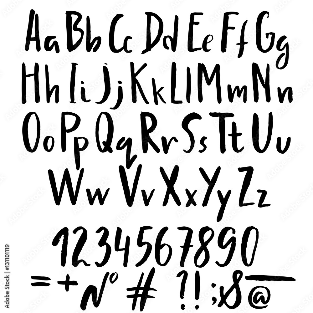 Hand drawn font made by dry brush strokes. Grunge style alphabet