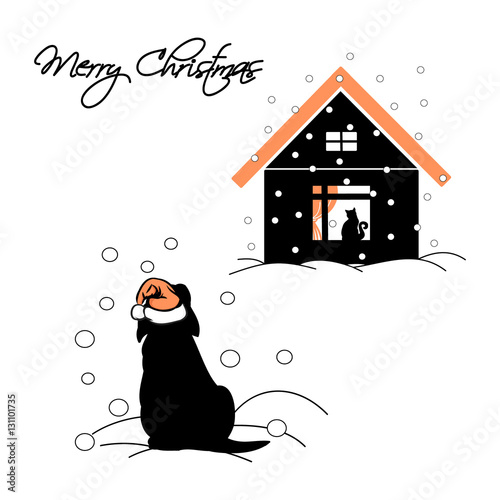 The puppy in the Santa hat in the snow