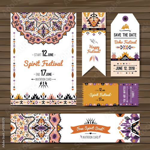 Collection of banners, flyers or invitations with geometric elements. Flyer design in bohemian style