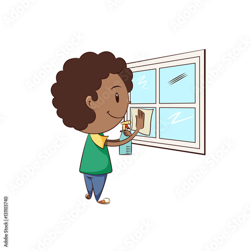 Boy cleaning window