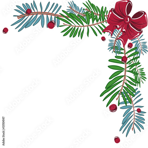 Christmas corner frame with pine and red bow. Vector illustration.