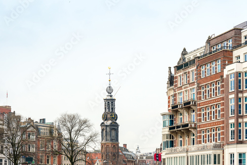 Beautiful street view of Traditional old buildings in Amsterdam,
