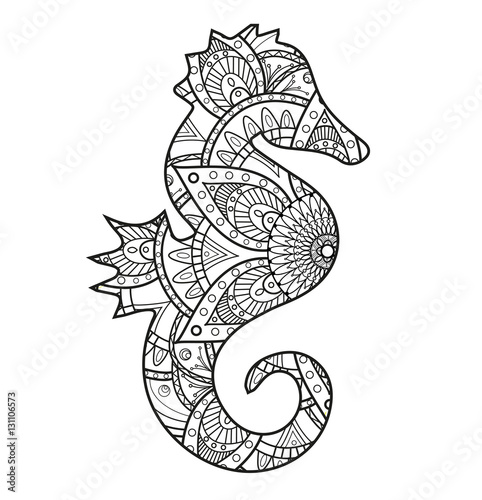 Vector illustration of a black and white seahorse mandala for coloring book, cavalluccio marino mandala in bianco e nero da colorare vettoriale