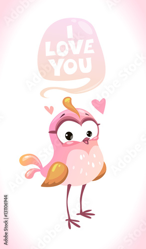 Cute cartoon illustration with little pretty pink bird