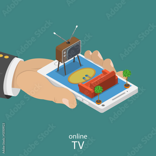 Online TV flat isometric vector concept.