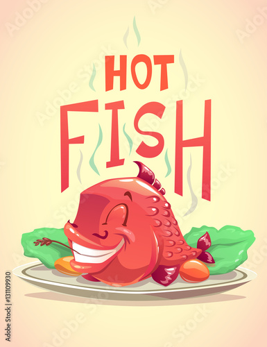 Funny cartoon fried red hot fish