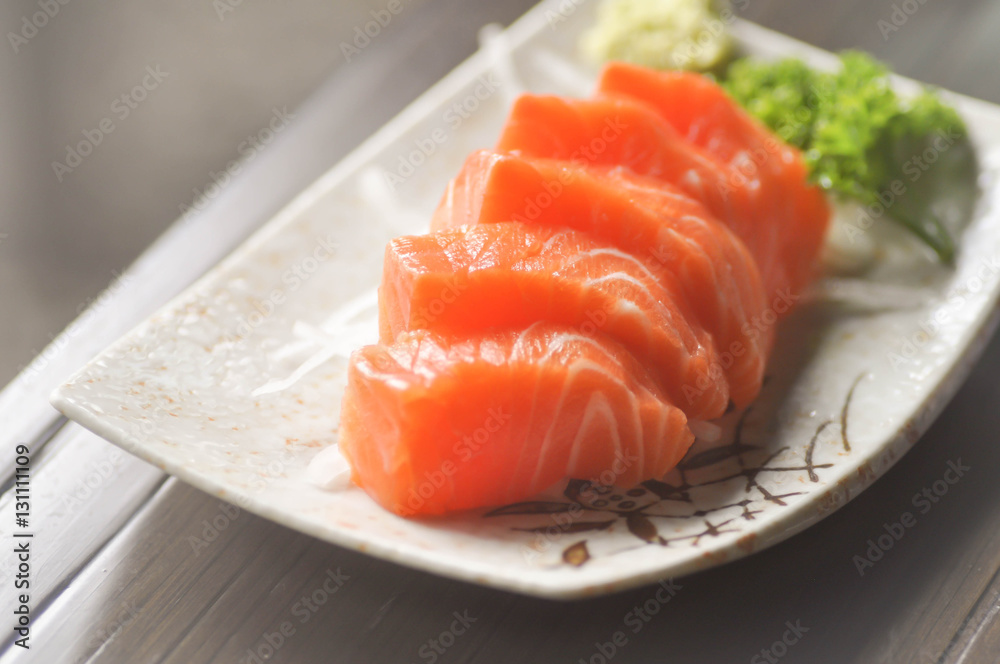 sashimi , raw salmon dish (Japanese food)