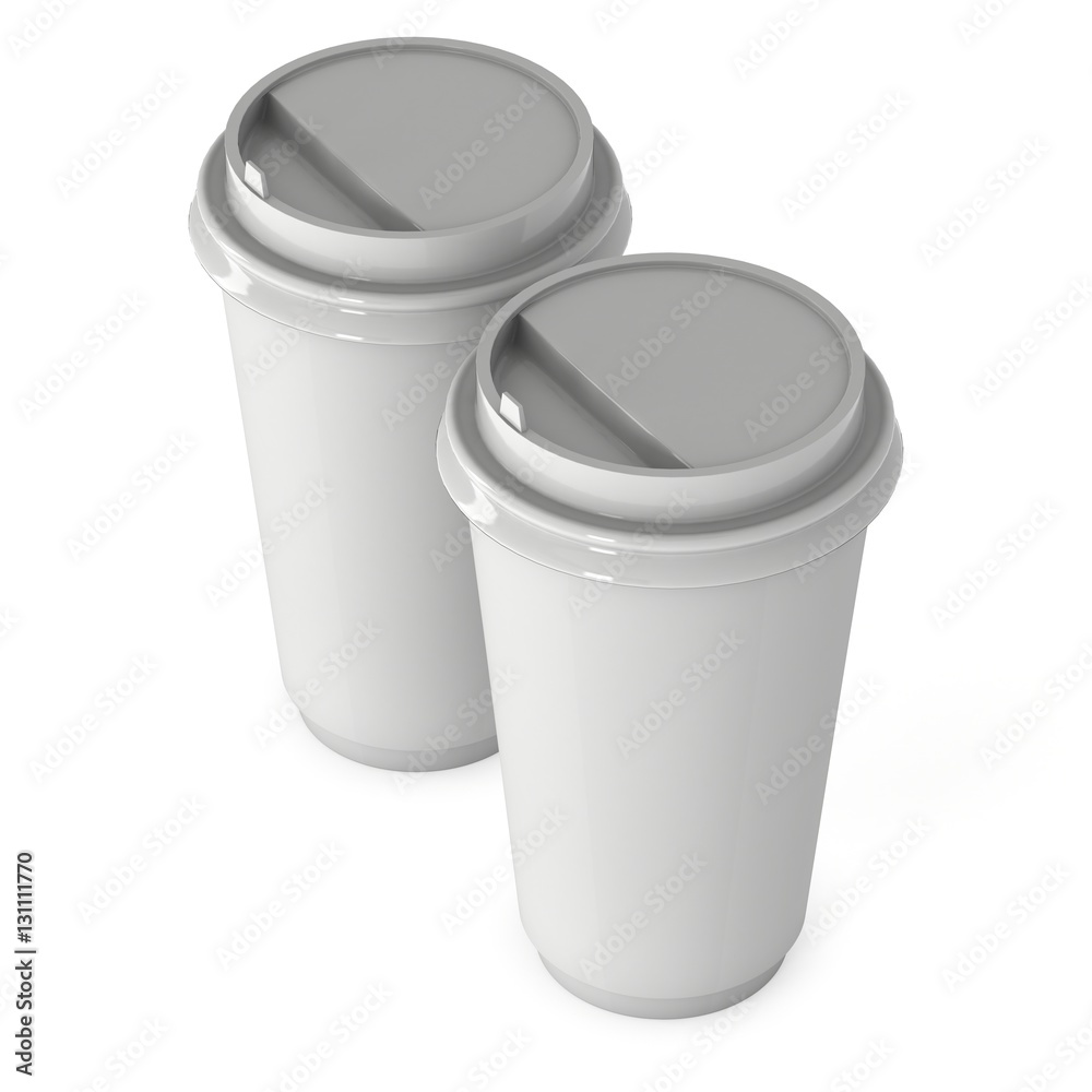 Disposable coffee cups. Blank paper mug with plastic cap. 3d render isolated on white background Disposable coffee cups. Blank paper mug with plastic cap. 3d render isolated on white background