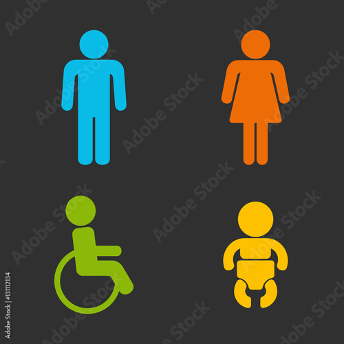 Set of 4 restroom web and mobile icons. Man, woman, child, disability. Vector illustration