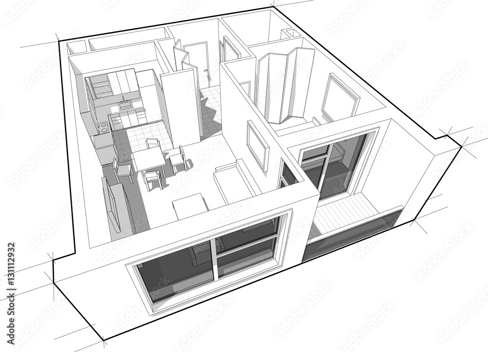 Perspective cutaway diagram of a one bedroom apartment completely furnished with no people inside