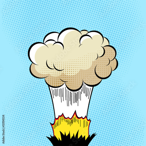Cloud after the Boom. Comic book explosion on halftone pixel blue background