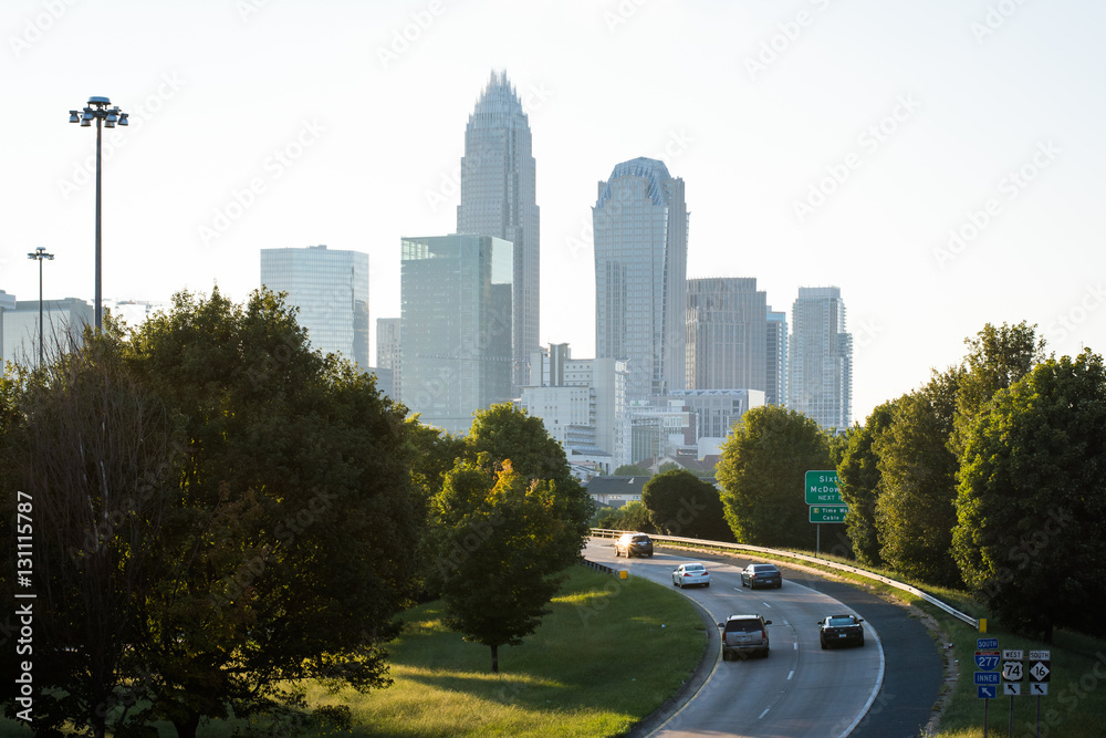 View of highways and the Uptown Charlotte skyline, in Charlotte,
