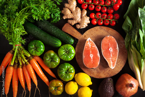 vegetables and fish healthy food background photo