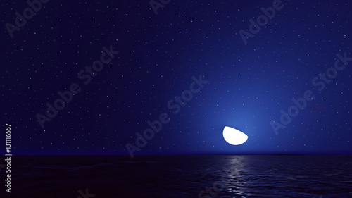 Vector night sky with ocean, moon stars background