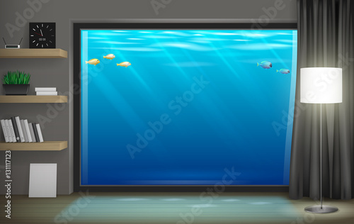 Interior underwater hotel with panoramic window. Vector graphics. Transparent glass
