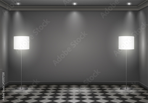 The interior of a dark room with lamps. Vector graphics