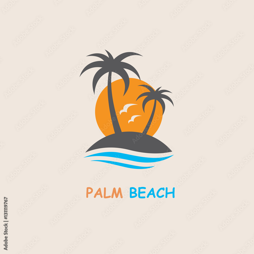 Fototapeta premium illustration of label with palm tree silhouette on island