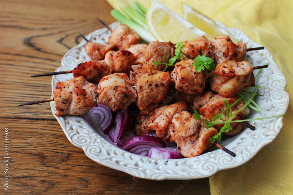 Grilled chicken kabob on a skewer