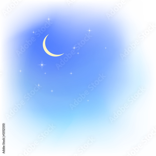 Blue sky in clouds with moon and stars. Fair weather.