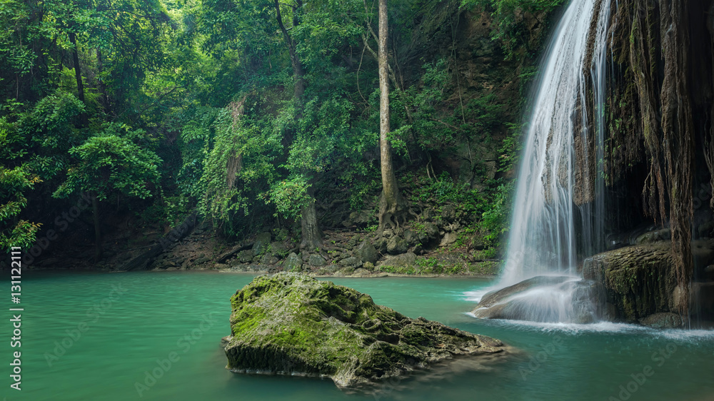 Wonderful green nature with green waterfall, Erawan's waterfall located Kanchanaburi Province, Thailand