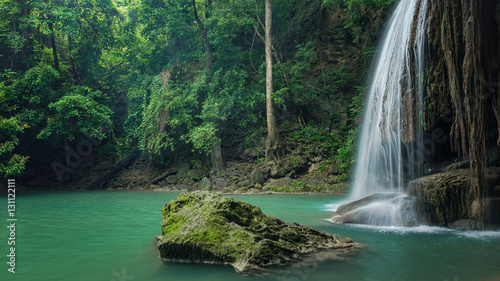 Wonderful green nature with green waterfall  Erawan s waterfall located Kanchanaburi Province  Thailand