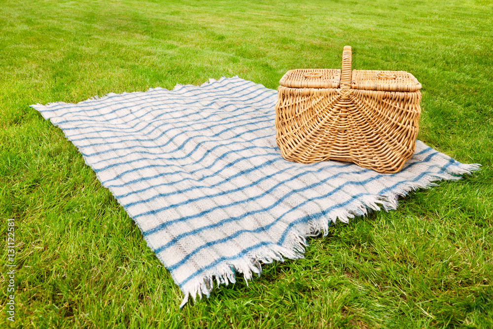 Picnic blanket and basket in the grass Stock Photo | Adobe Stock