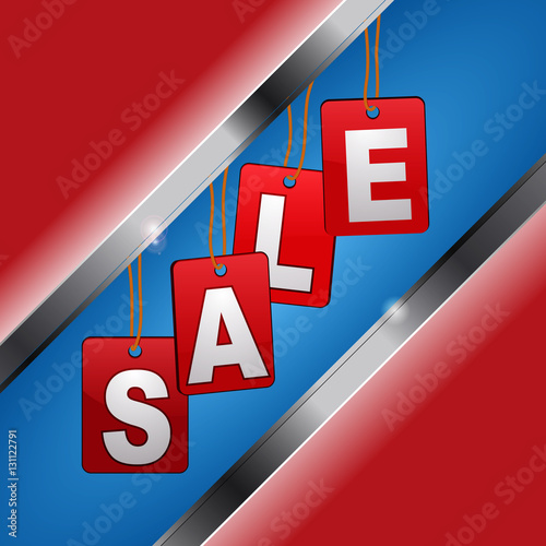 Sales sigh with red tags and white letters over blue and red bac