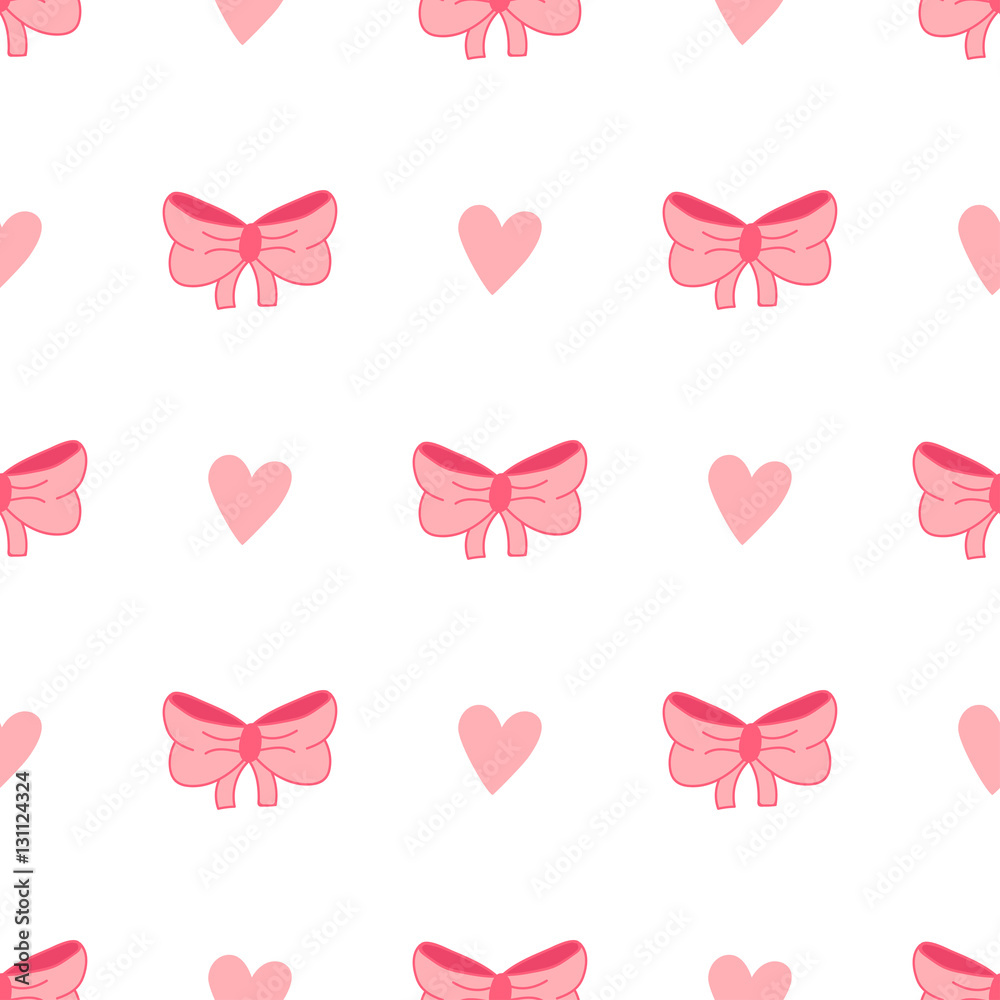 Seamless pink pattern with bow and hearts on a white background.