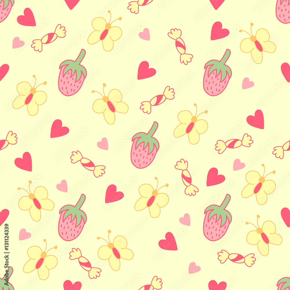 Cute and sweet background. Seamless pattern with strawberry, hearts, candy and butterfly. Cute and sweet background. Seamless pattern with strawberry, hearts, candy and butterfly.