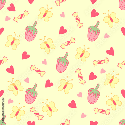 Cute and sweet background. Seamless pattern with strawberry, hearts, candy and butterfly.