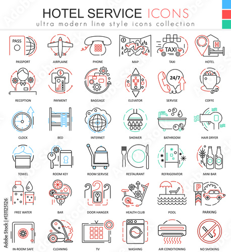 Vector Hotel service color line outline icons for apps and web design. Hotel service icons.