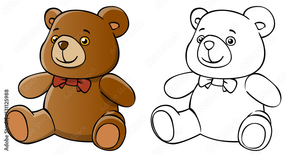 cartoon teddy bear and coloring on a white background