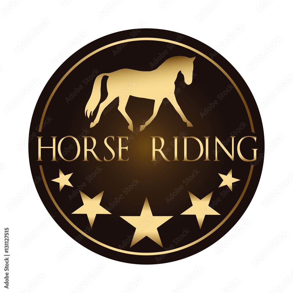 Round logo vector image of golden horse & stars on a dark background. Horse logo template. Logo element, icon. Suitable for riding dressage school, farm, ranch, stable, club logo, visiting card. Round logo vector image of golden horse & stars on a dark background. Horse logo template. Logo element, icon. Suitable for riding dressage school, farm, ranch, stable, club logo, visiting card.