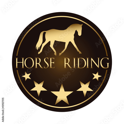 Round logo vector image of golden horse & stars on a dark background. Horse logo template. Logo element, icon. Suitable for riding dressage school, farm, ranch, stable, club logo, visiting card. 