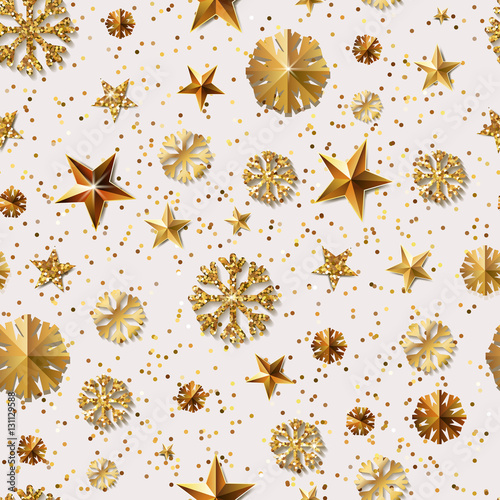Christmas or New Year vector seamless pattern with gold stars and snowflakes. Holiday glowing background. Golden shining texture for banner, poster, flyer, party invitation, web backgrounds.