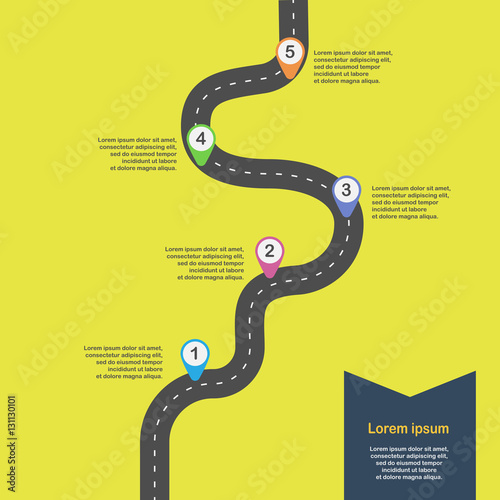 Winding asphalt road going up with pin-Pointers. Vector EPS 10
