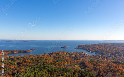 Town of Camden Maine in the late fall with Penobscot Bay in the distance.