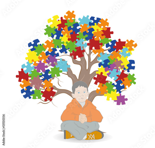 child sitting under a tree. Puzzle Pieces in Autism Awareness Colors Background, 3D rendering