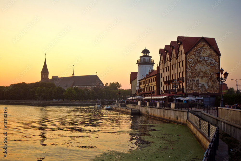 Sunset at the fishermen village on the river Peregolya, Kaliningrad, Russia