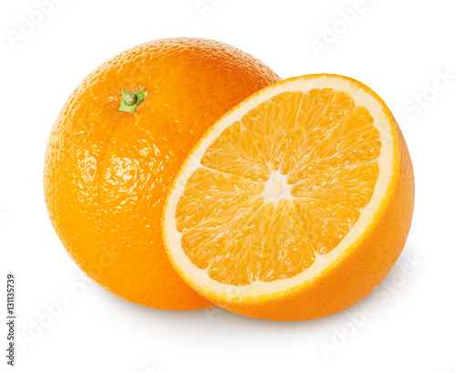 Isolated oranges. Orange fruit with half isolated on white  clipping path