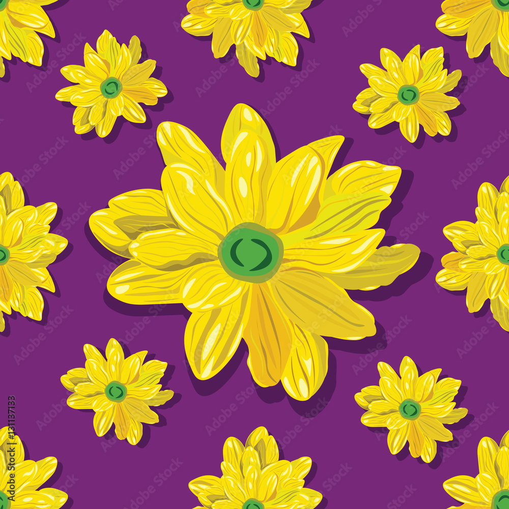 seamless pattern with yellow flowers on violet background
