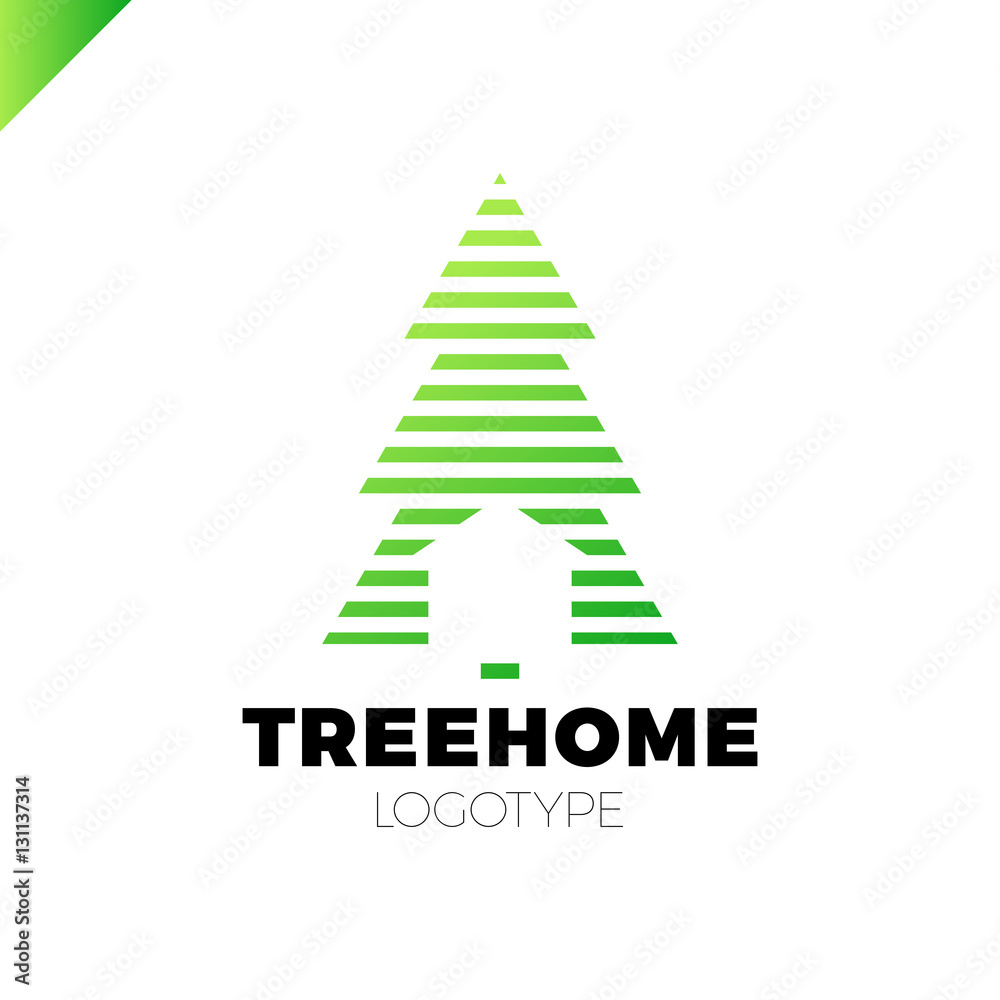 New Year or Christmas Tree in line style with home logo. Negative space logotype New Year or Christmas Tree in line style with home logo. Negative space logotype