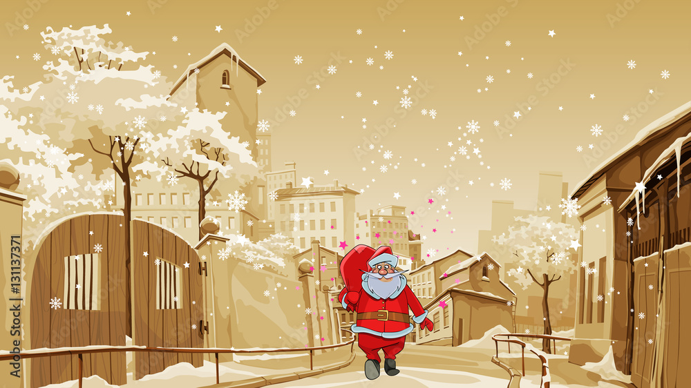 cartoon Santa Claus with gift bag walks on a street of the old town