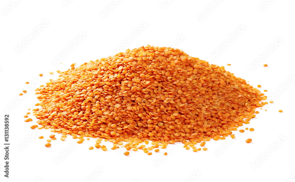 pile red lentils isolated on white background 