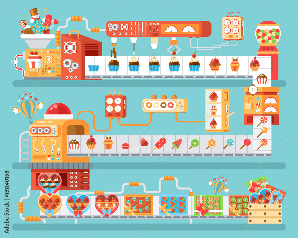 Φωτογραφία illustration of isolated conveyor for production and packaging candies, lollipop