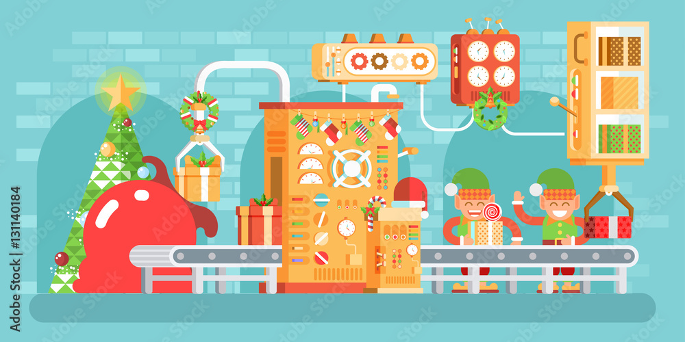 Φωτογραφία illustration of isolated Christmas conveyor with elves pack gifts near the spruc