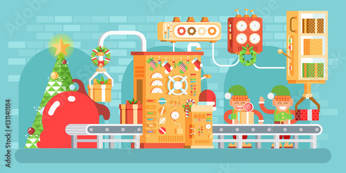 illustration of isolated Christmas conveyor with elves pack gifts near the spruce tree festively dressed up, flat style