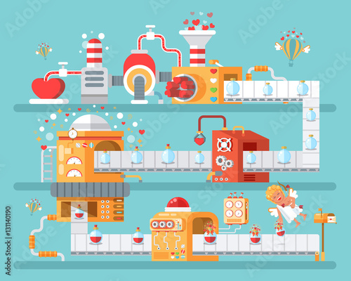 vertical illustration of isolated conveyor to create love potion celebrate Happy Valentines Day in flat style